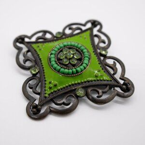 Bright Green Antique Tone Dark Metal / Enamel / Rhinestone / Beaded XL Brooch